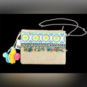 Canvas Burlap Jute Embroidered Crossbody Clutch Bag & Gold Chain & Beaded Tassel